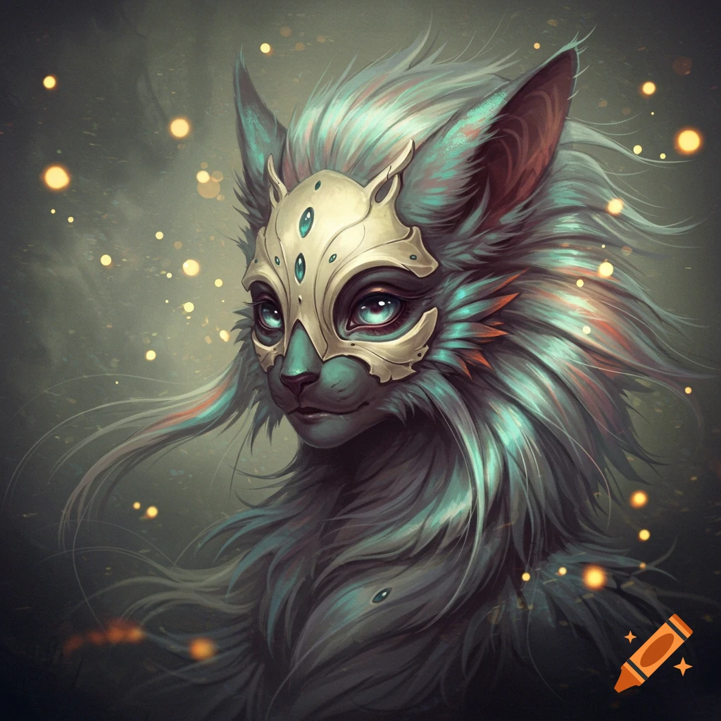 An ethereal creature wearing a pale mask in a dark, atmospheric setting.