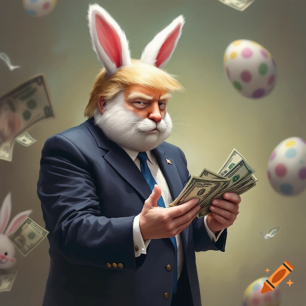 A depiction of Trump dressed as the Easter bunny holding 100 dollar bills, with floating money and Easter eggs.