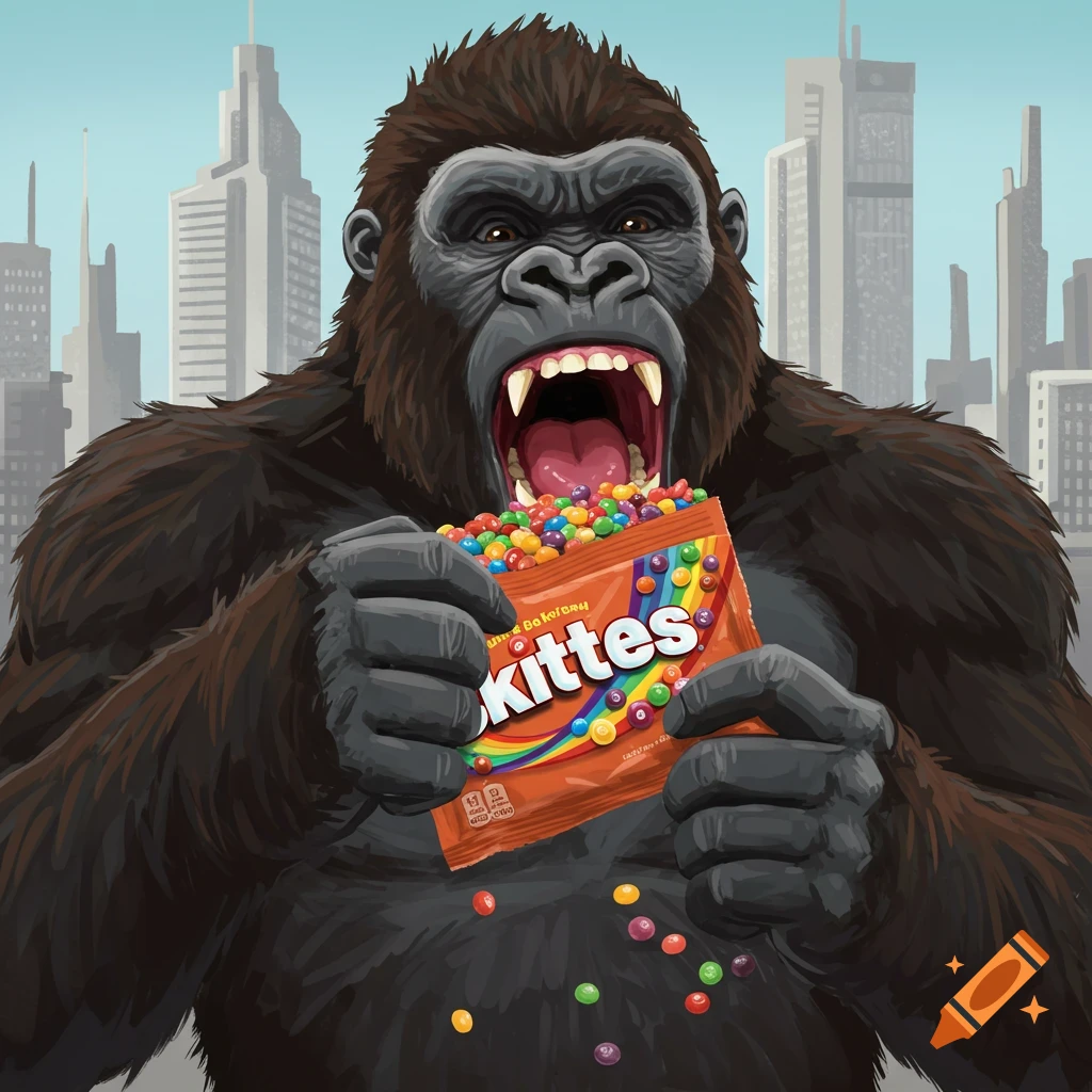 King Kong eating Skittles candy in a city.