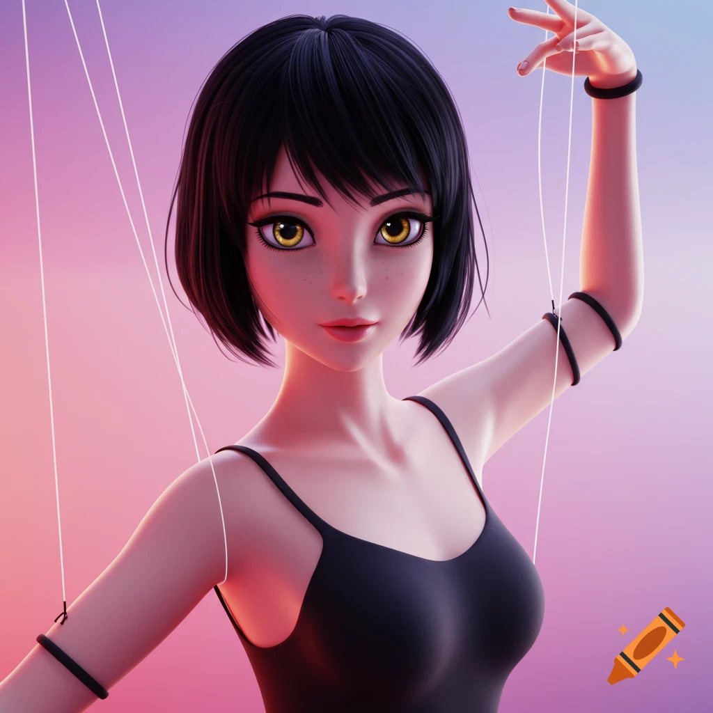 Anime style portrait of a woman with short black hair, golden eyes, and puppet strings.