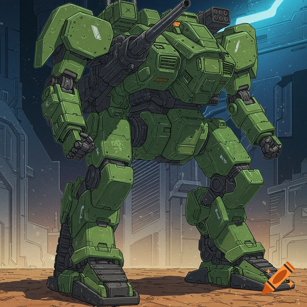 Army green mech with a chest cannon and tracks in an anime style sci-fi city