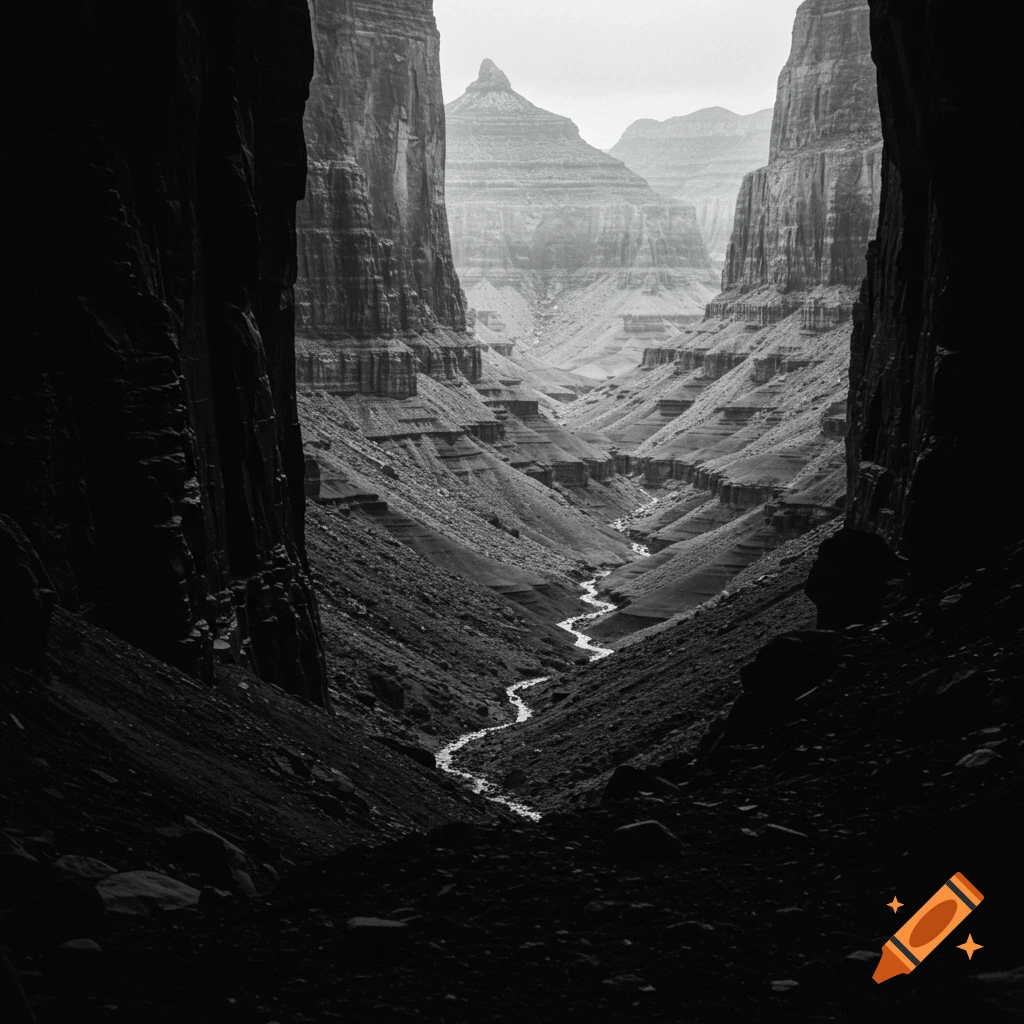 Black and white photo looking into a deep canyon with towering cliffs and a winding river.