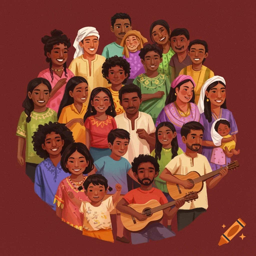 A diverse group of smiling people of all ages and genders are gathered together, some playing guitars.