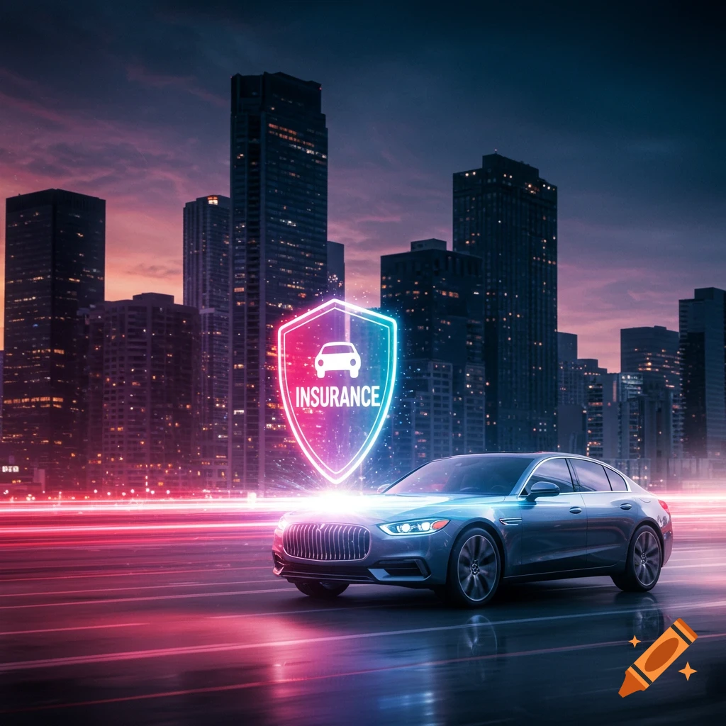 A car drives through a city at night with an insurance shield icon above it.