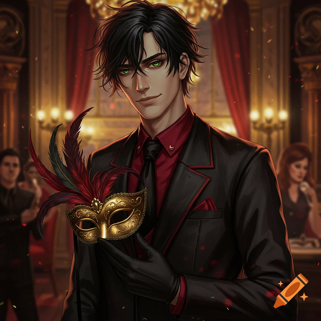 A man in a black suit holds a golden masquerade mask at a party.