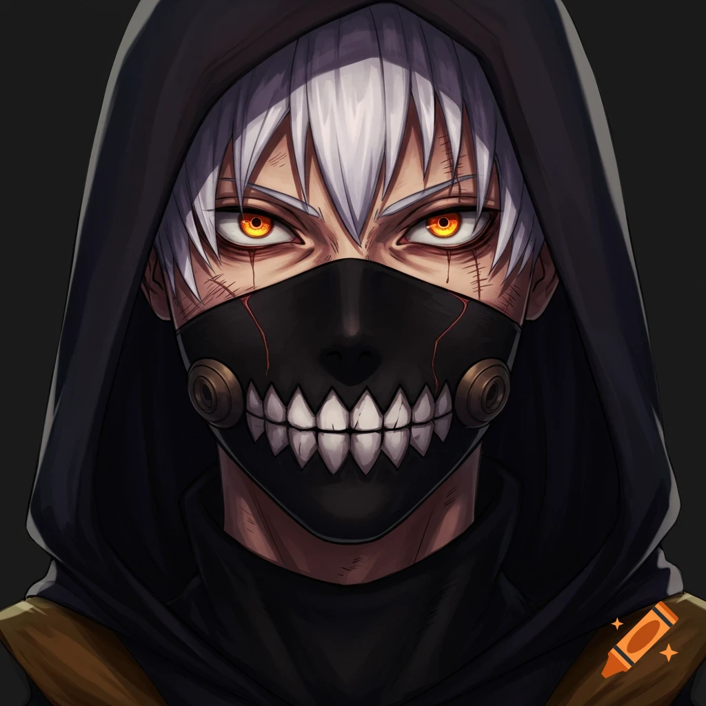 Anime character in a hood and mask with white hair, glowing orange eyes, and scars.