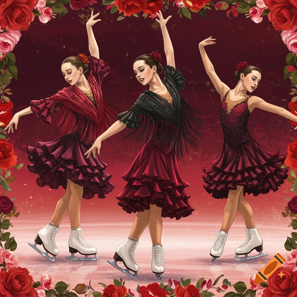 Three figure skaters in flamenco-style dresses perform surrounded by roses on ice.