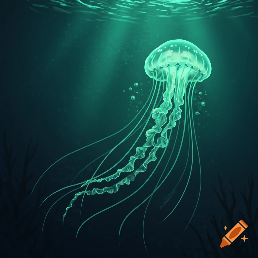 A bioluminescent green jellyfish swims in dark water with rays of light from the surface, digital art.
