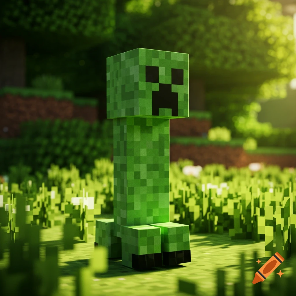 A detailed, realistic rendering of a Minecraft Creeper standing in a grassy field with trees in the background.
