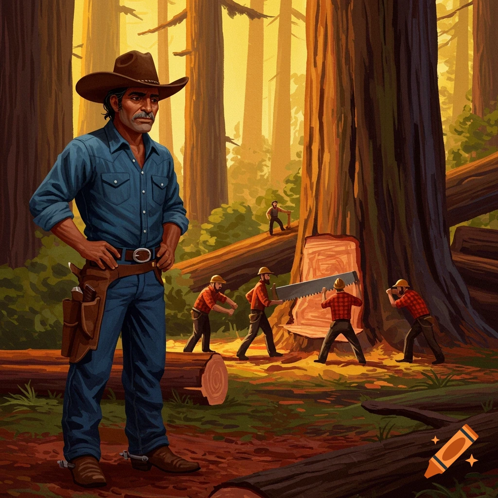 A cowboy watches lumberjacks sawing a large tree in a forest.