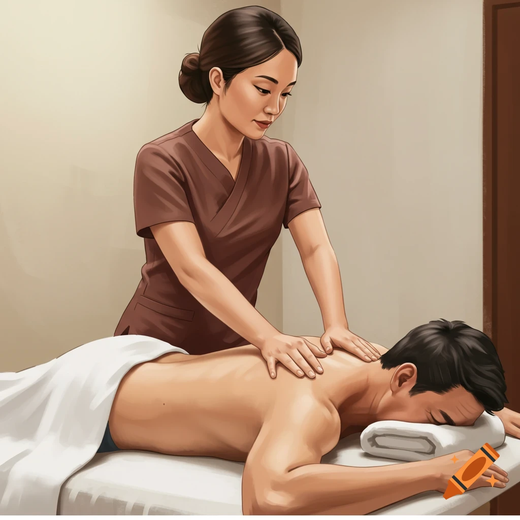 A woman giving a man a back massage