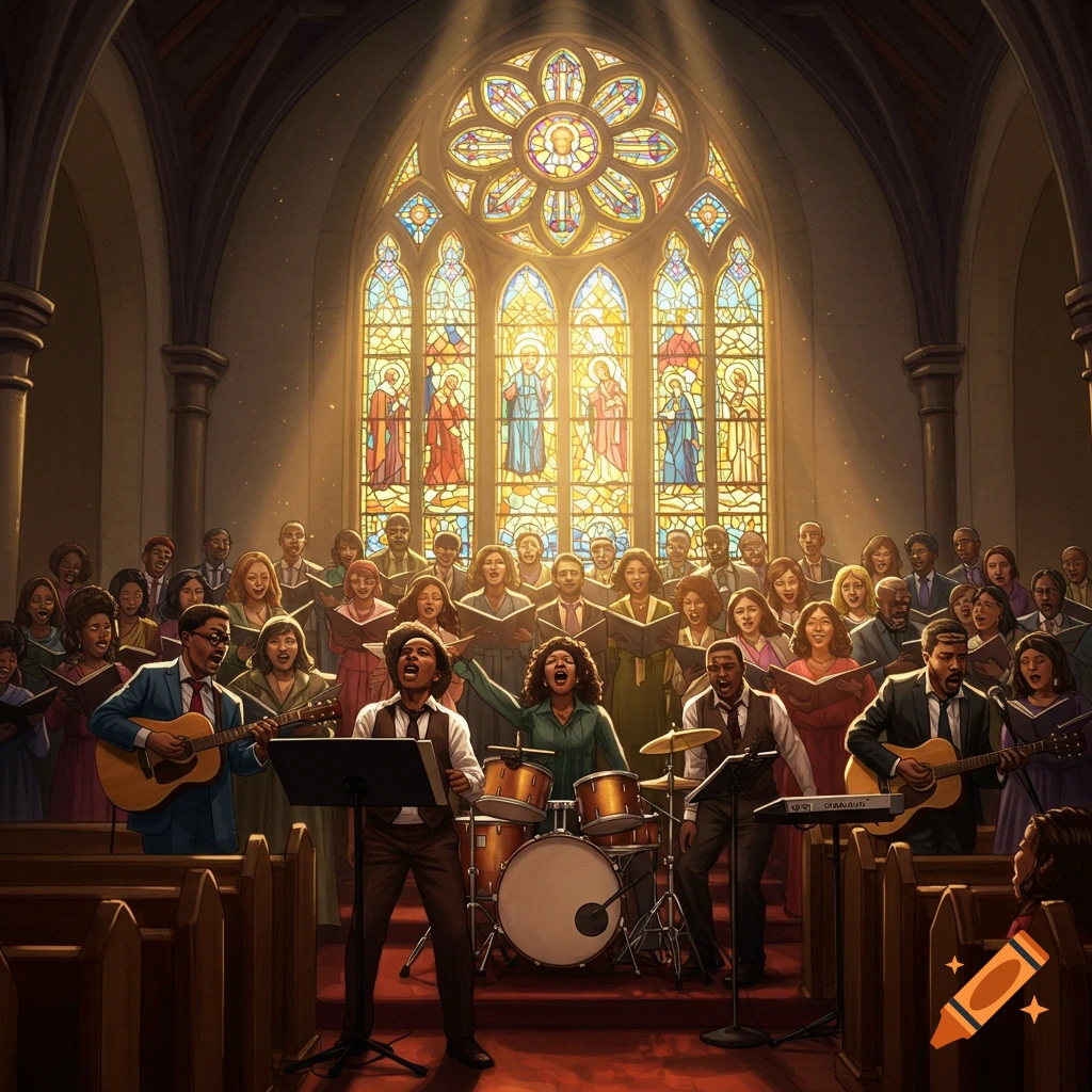 A joyous church service with a large choir and band performing in front of a stained glass window.