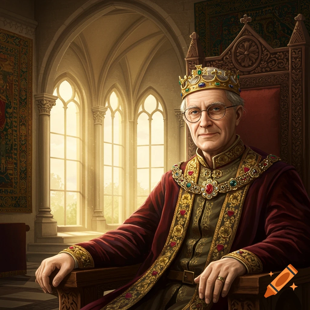 An old king with short hair sits on a throne in a grand room.