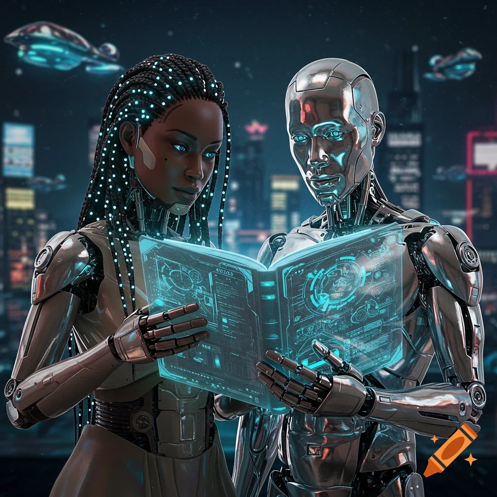 Two robots read a glowing holographic book in a futuristic city.