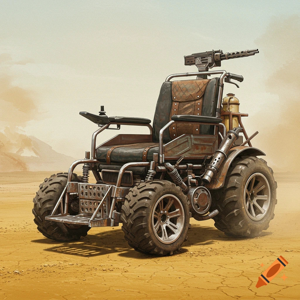 A modified wheelchair with a machine gun in a desert, Mad Max style.