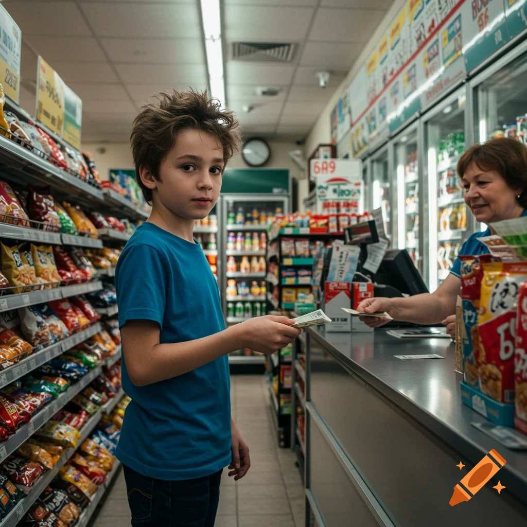 A young boy pays a cashier at a convenience store counter. Shelves of snacks are visible in the background.
