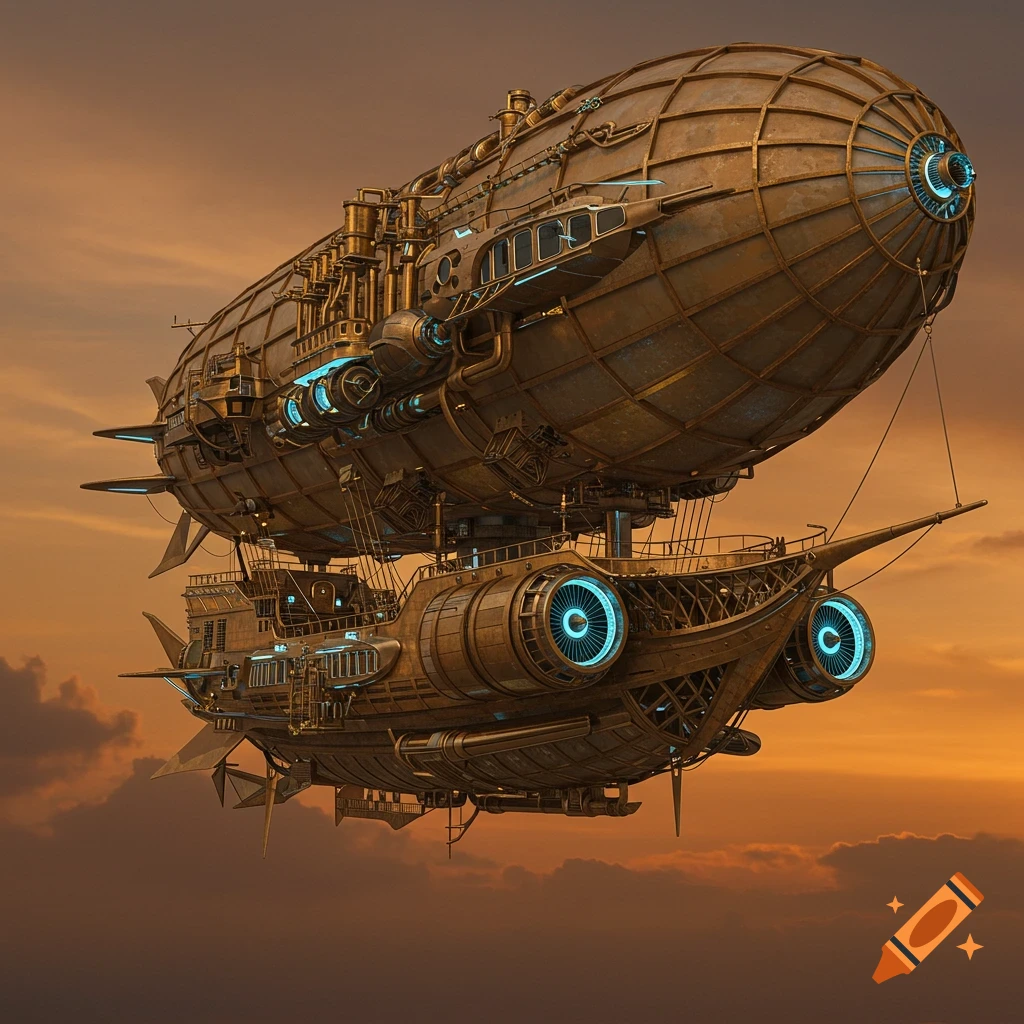 A detailed steampunk airship flies through a cloudy orange sky.