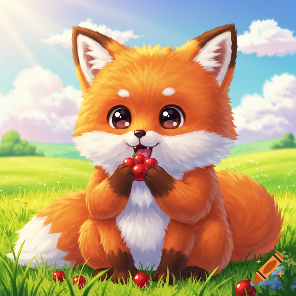 A cute anime fox sits in a grassy field eating red berries.
