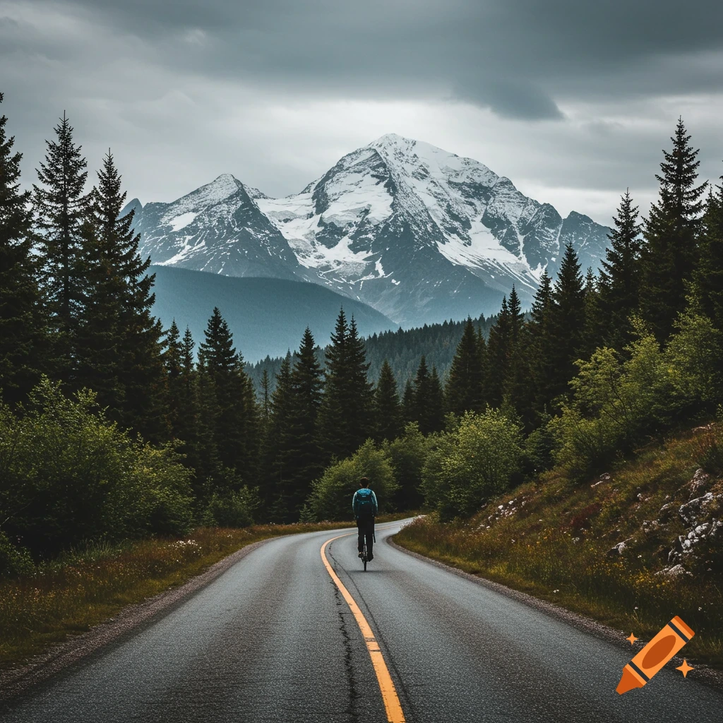 A person cycles on a road through a forest towards a snow-capped mountain under a cloudy sky. Photorealistic.