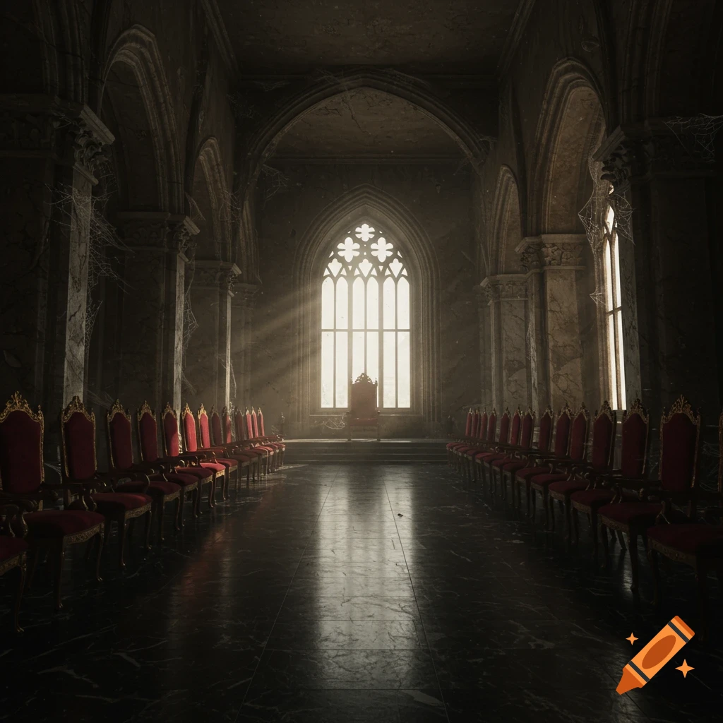 Empty gothic court hall with red chairs and throne lit by a large window