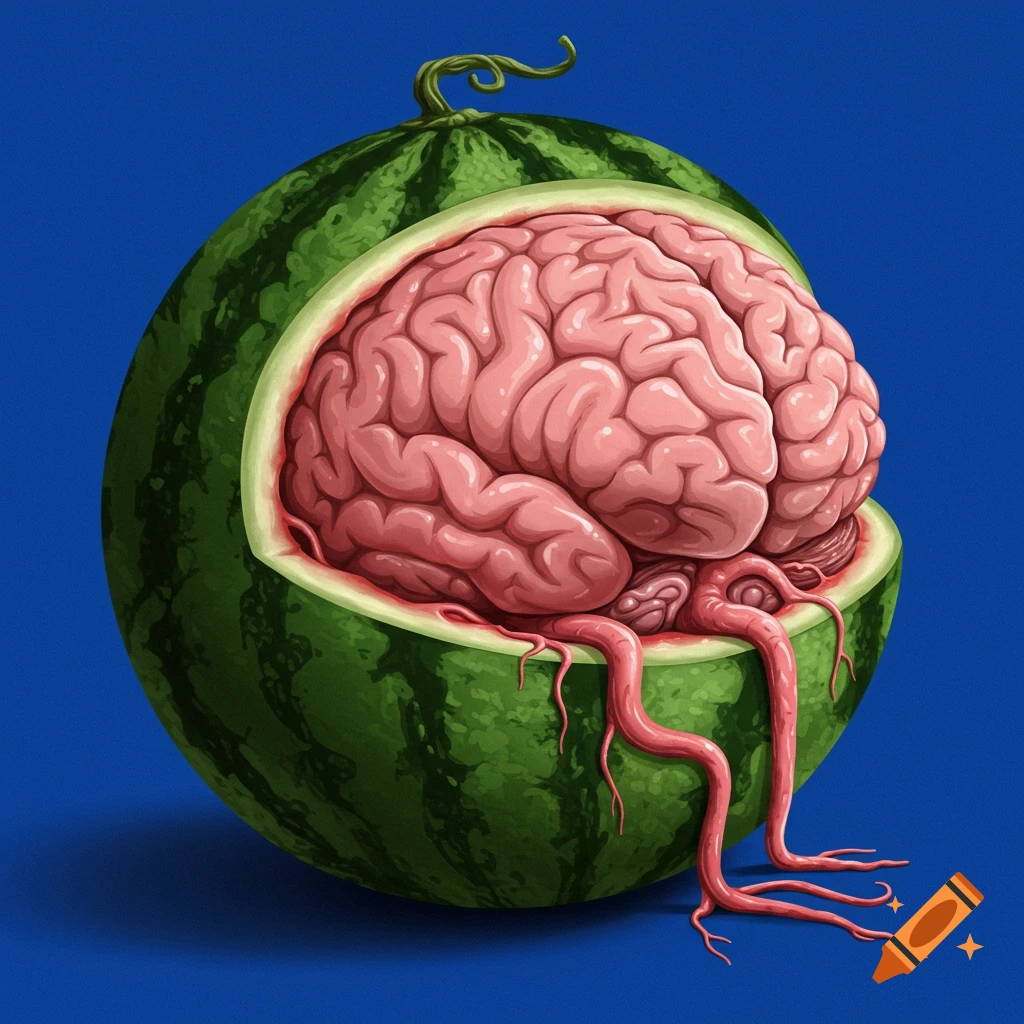 A watermelon cut open reveals a brain with roots dangling out.