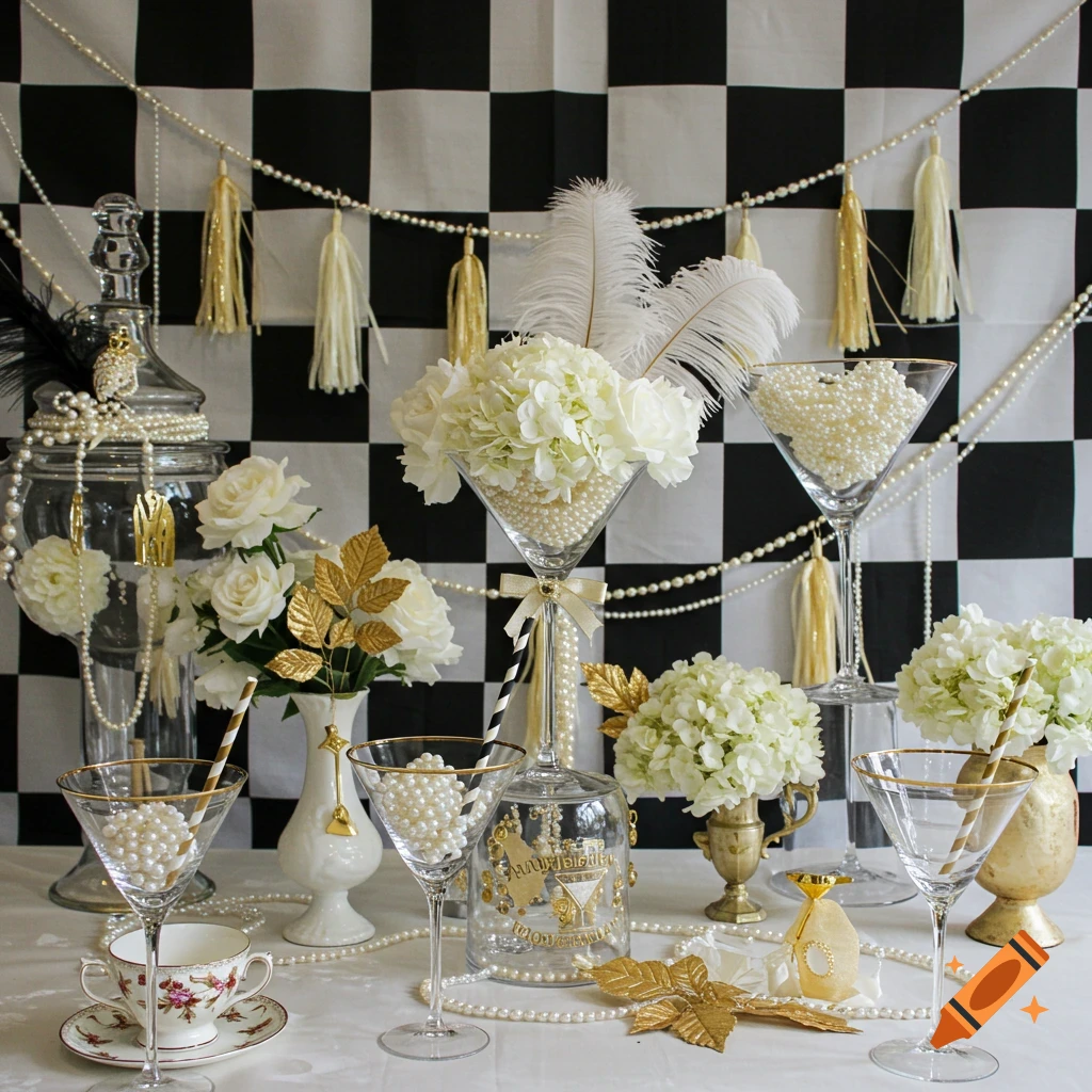 1920s themed bridal shower decorations with martini glasses, pearls, feathers, and white flowers on a table with a checkered background.