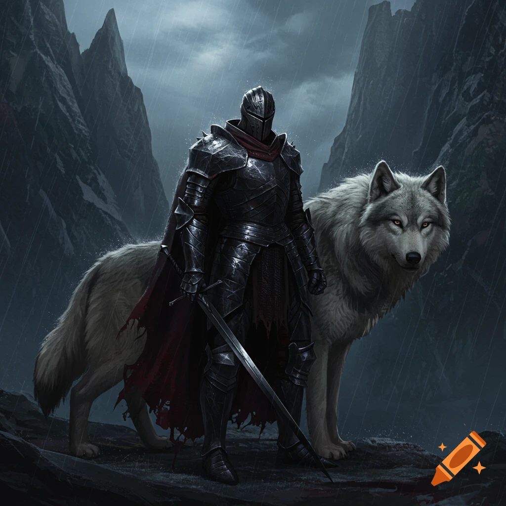 A dark fantasy knight in black armor stands with a wolf in the rain near mountains.