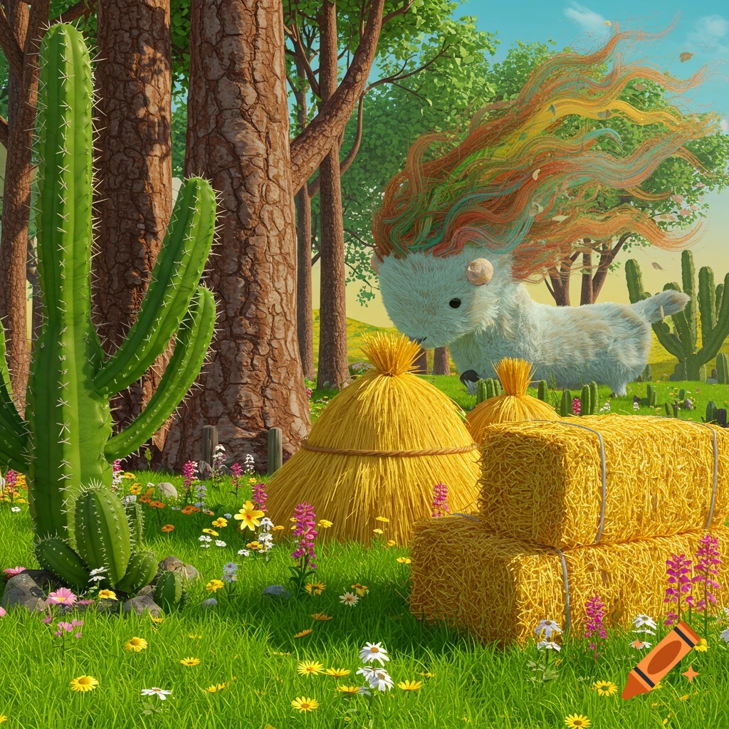 A fluffy creature with colorful flowing hair stands near large cacti and hay bales in a grassy meadow by a forest.
