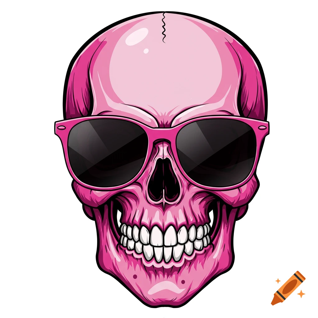 A pink skull wearing sunglasses in a vector art style.