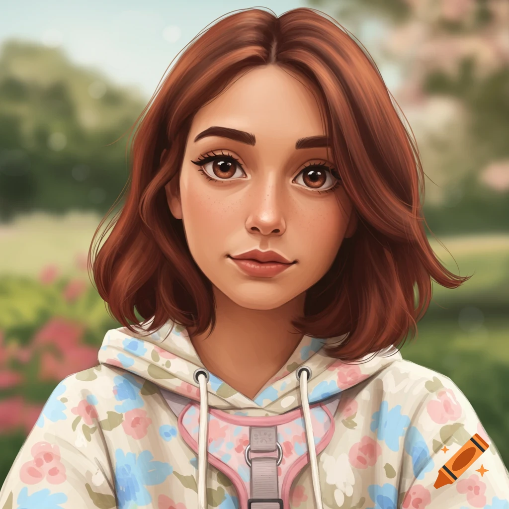 A young woman with short brown hair wearing a floral hoodie is in a garden.