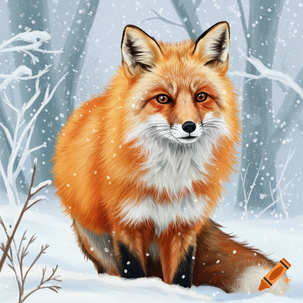 An orange fox sitting in snow with snow falling.