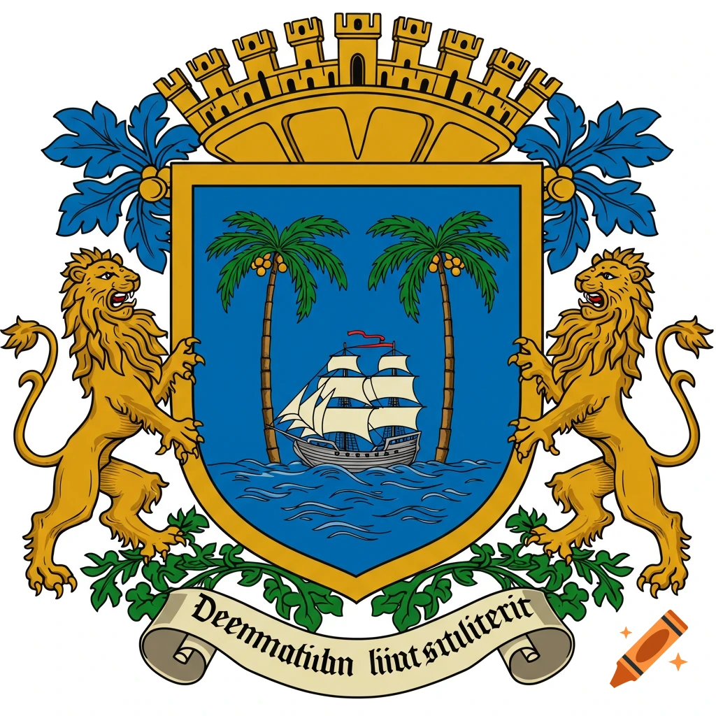 Illustrative coat of arms with shield showing ship, palm trees, and water, flanked by lions, topped by castle, with banner below.