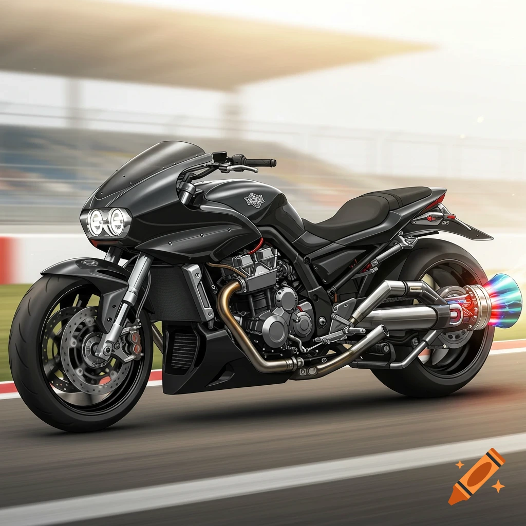 A black motorcycle with a colorful jet engine exhaust speeds on a track.