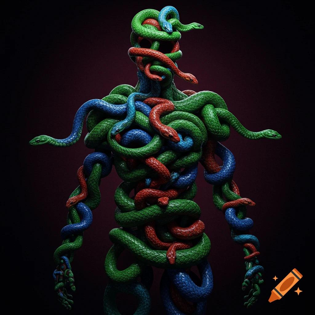 A figure of a man made entirely of intertwined green, blue, and red snakes.