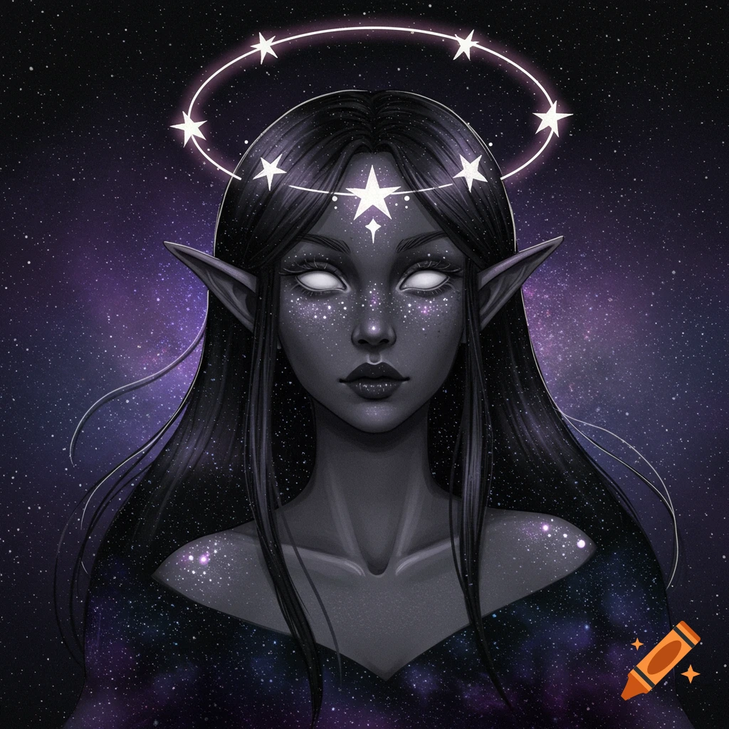 Fantasy elf girl with dark skin, white eyes, star freckles, star halo, and galaxy hair against a starry background.