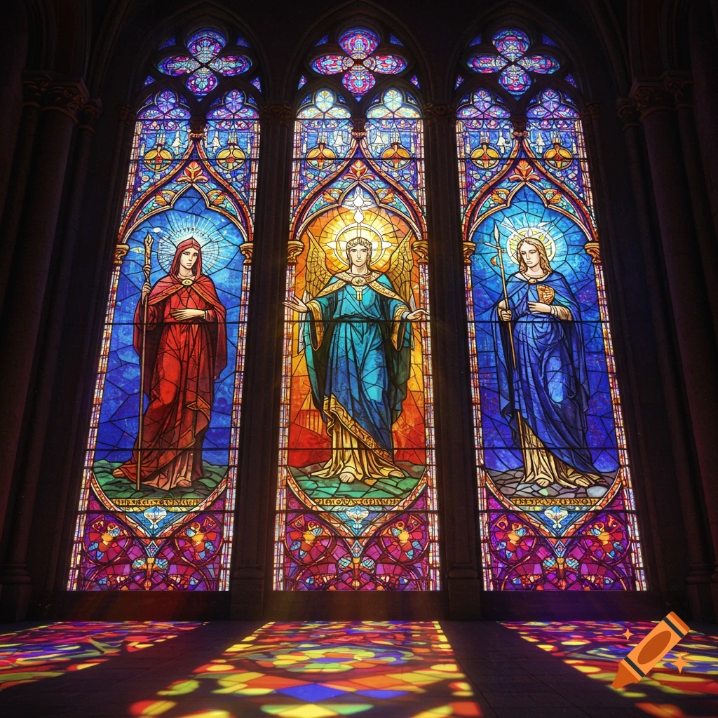 Stained glass windows depict three figures in a church, casting colored light on the floor