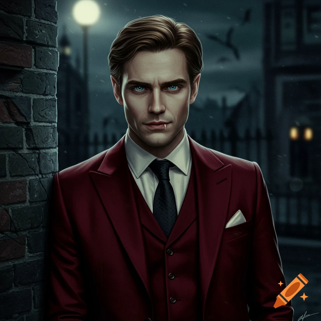 A man with fangs in a suit stands by a brick wall at night.