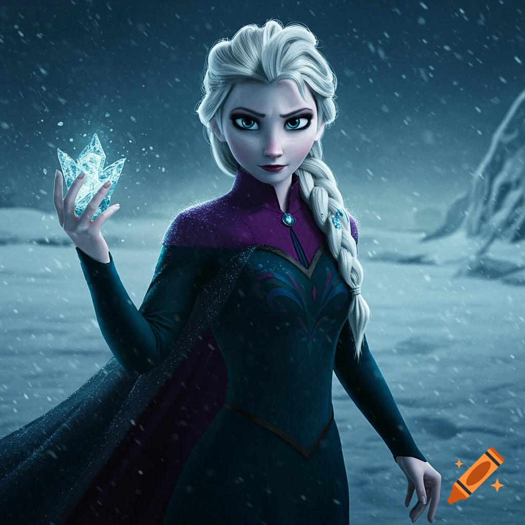 Elsa holding a glowing ice shard in a snowstorm, dramatic lighting