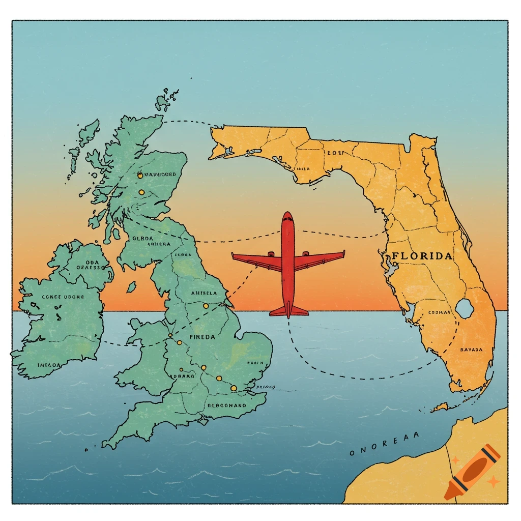 Illustrated map connecting the UK and Florida with a dotted line and a red airplane flying over the ocean.
