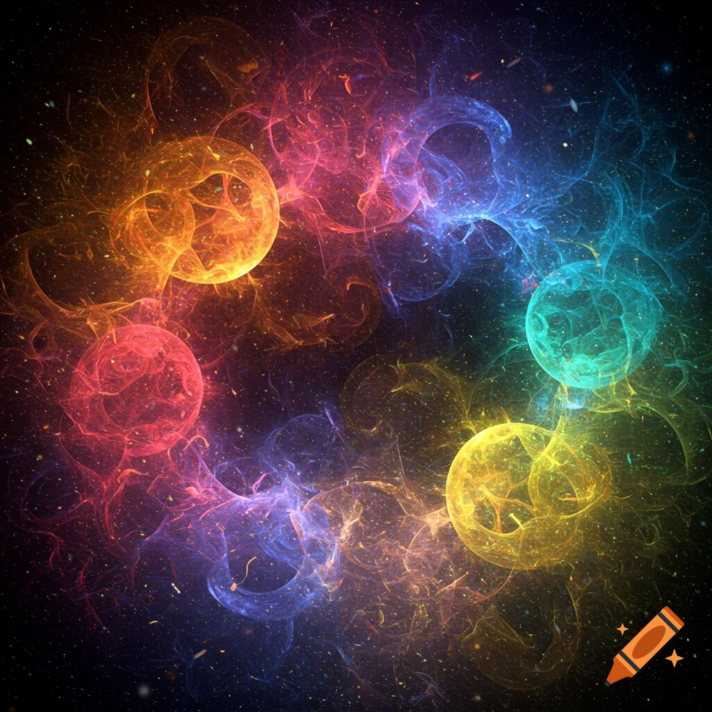 Vibrant abstract fractal shapes and spheres in various colors swirl against a dark, star-filled background.
