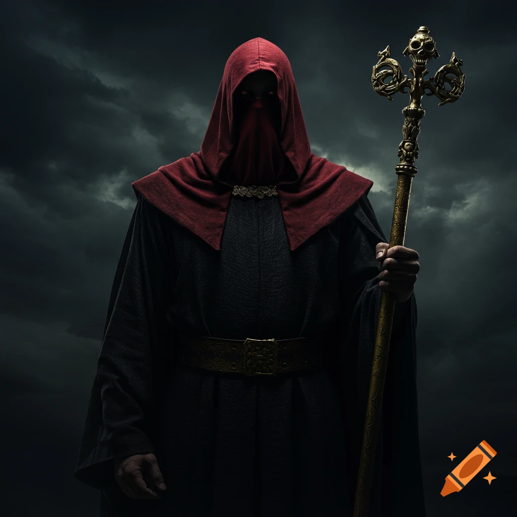 A dark figure in a red hood and black robe holds a skull-topped staff against a stormy sky.