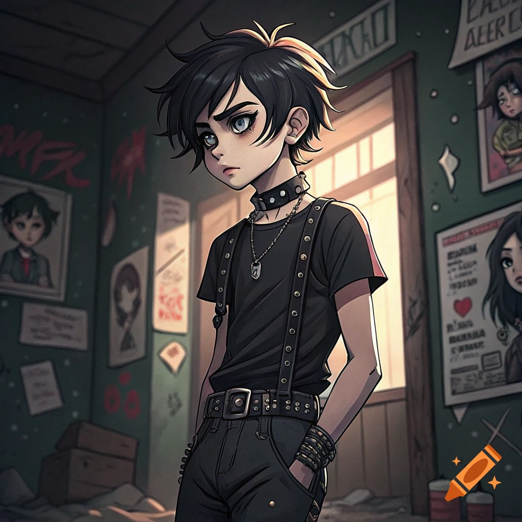 Emo boy with black hair in a cluttered room, anime style.