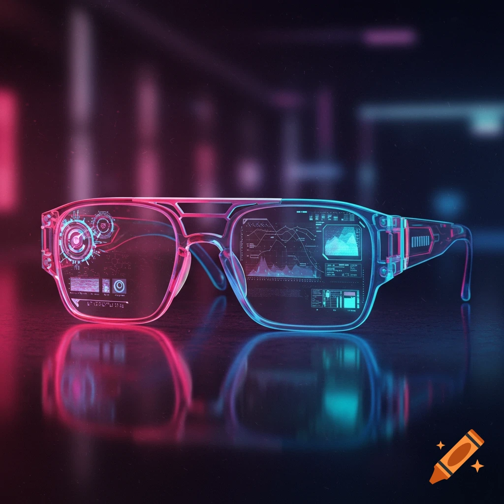Futuristic glasses with glowing blue and pink data displays