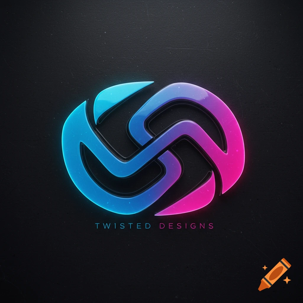 An abstract logo in blue and purple with a metallic sheen on a dark background. The text "TWISTED DESIGNS" appears below the logo.