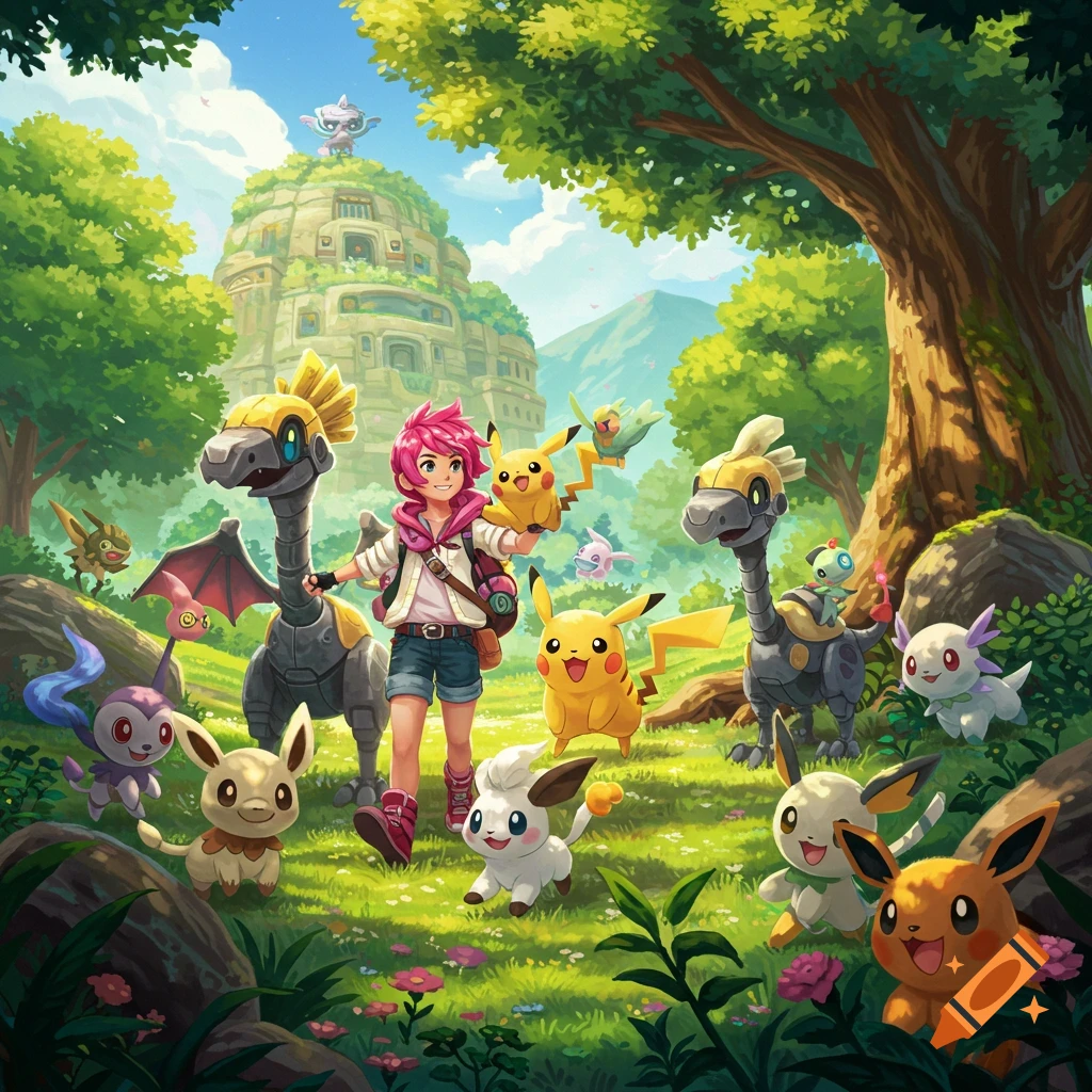 Anime-style image of a pink-haired trainer with many Pok
R

mon-like creatures in a forest clearing with an ancient temple.