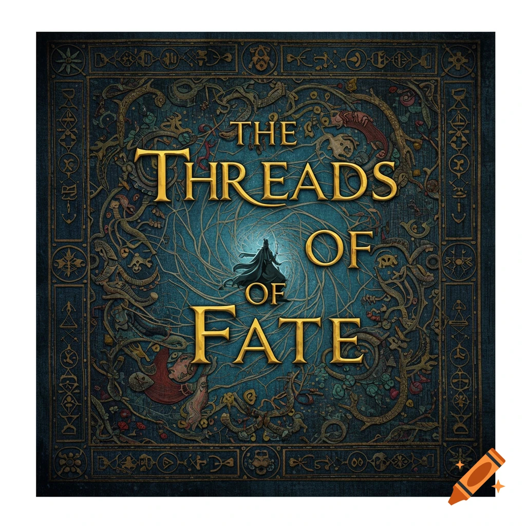 Ornate book cover for 'The Threads of Fate' with a figure among swirling threads.