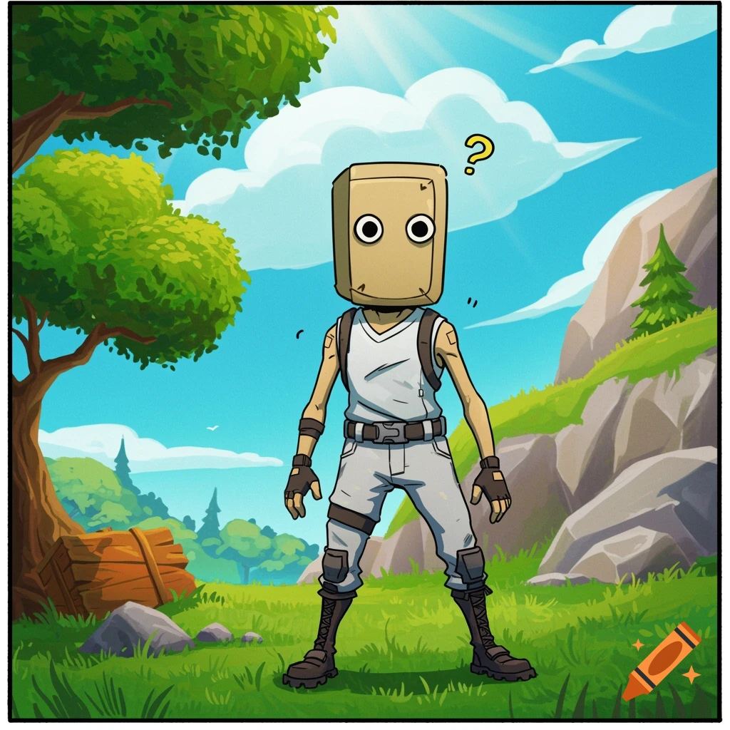 Cartoon character with box head in a sunny, grassy landscape