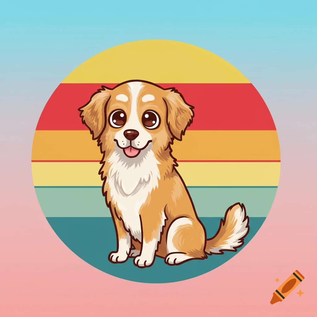 Cartoon dog sitting in a circle with retro-colored stripes.