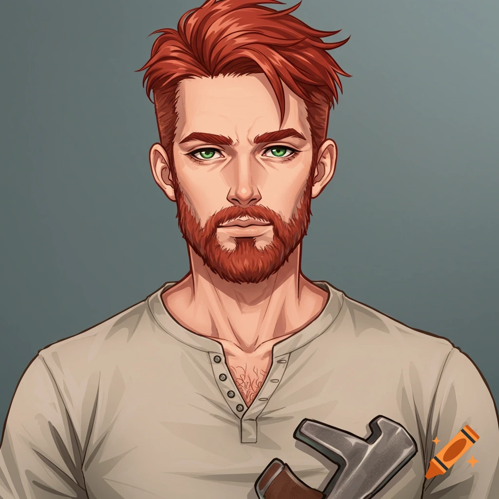 Anime illustration of a man with red hair and beard, green eyes, wearing a Henley shirt, holding a hammer.