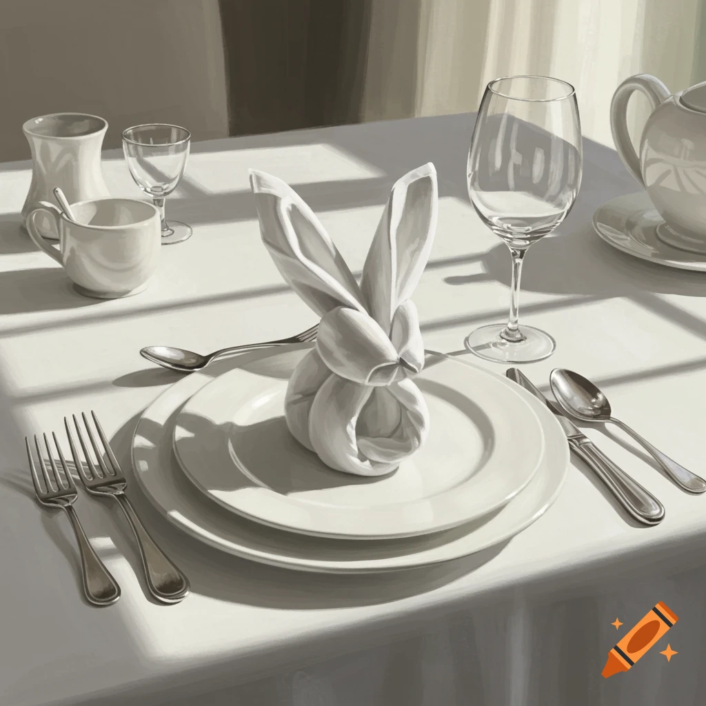 A table setting with white dishes and a bunny napkin.